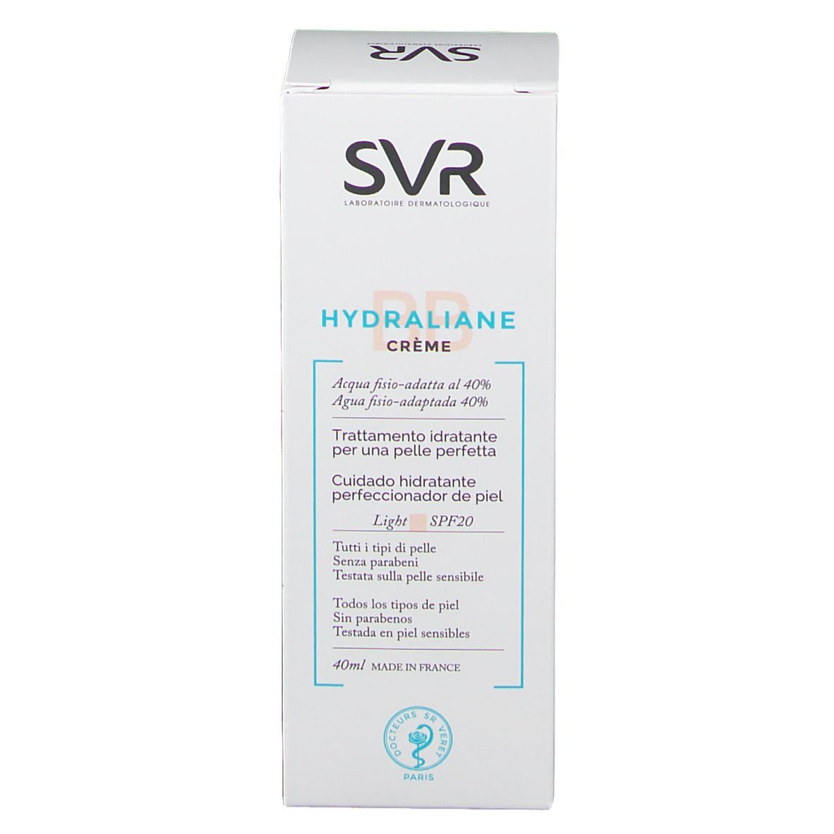 Fronte della scatola. SVR HYDRALIANE CRÈME, SPF20, 40ml. Scritte in italiano.