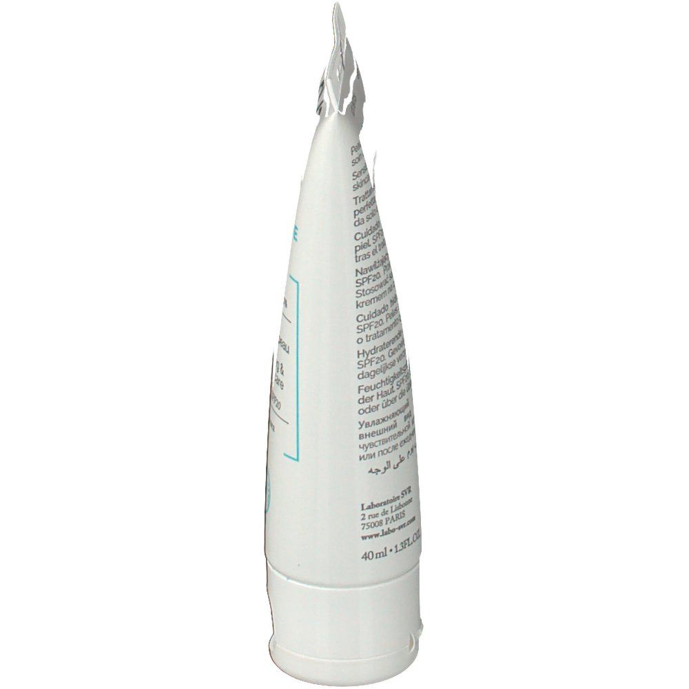 Vista laterale del tubo SVR HYDRALIANE BB Creme SPF20 Medium. Tubo bianco con testo. Contiene 40ml.