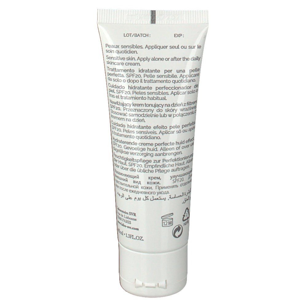 Retro del tubo SVR HYDRALIANE BB Creme SPF20 Medium. Tubo bianco con testo. Contiene 40ml.