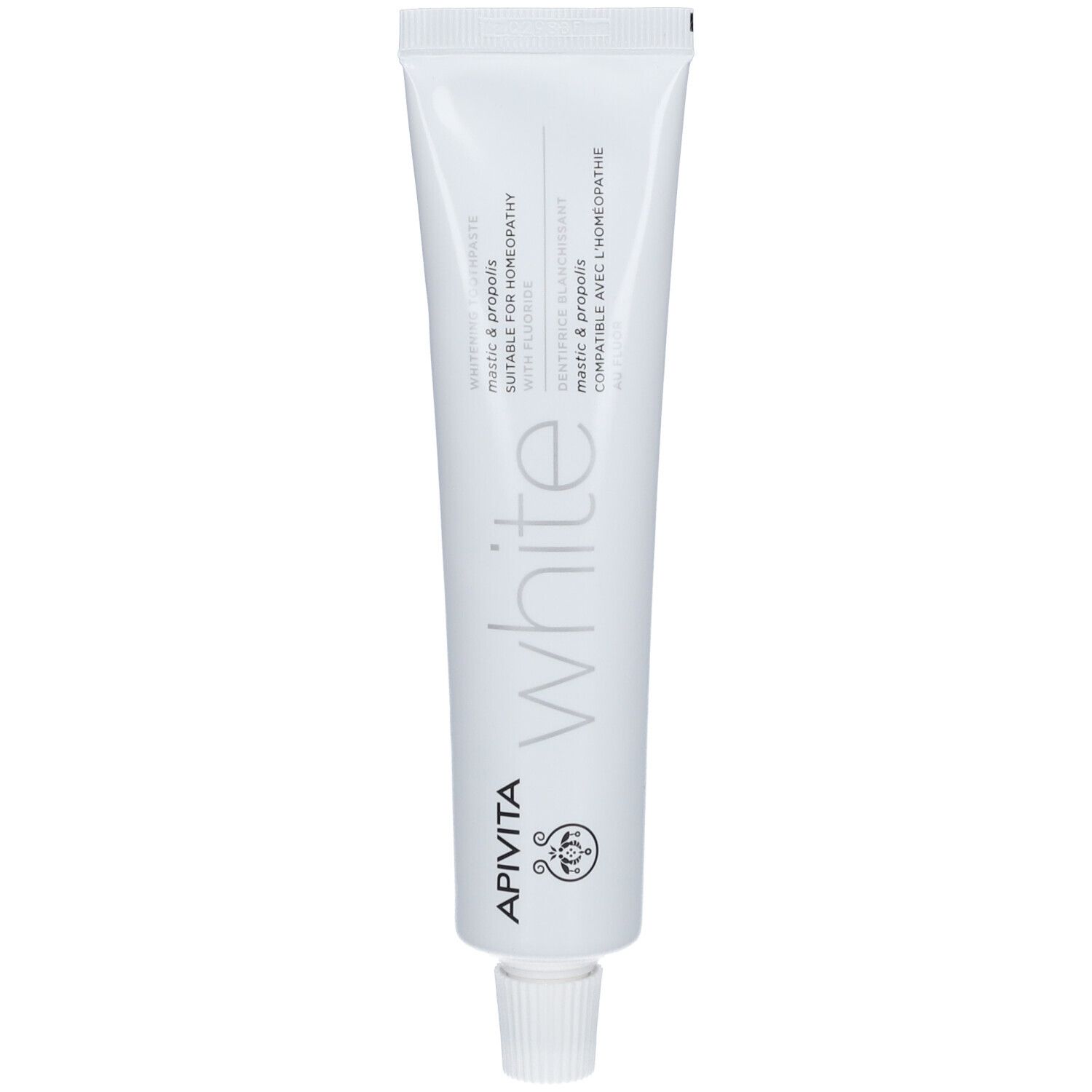 Tubo bianco con scritta APIVITA e "white". Contiene Mastic & Propolis, adatto all'omeopatia.