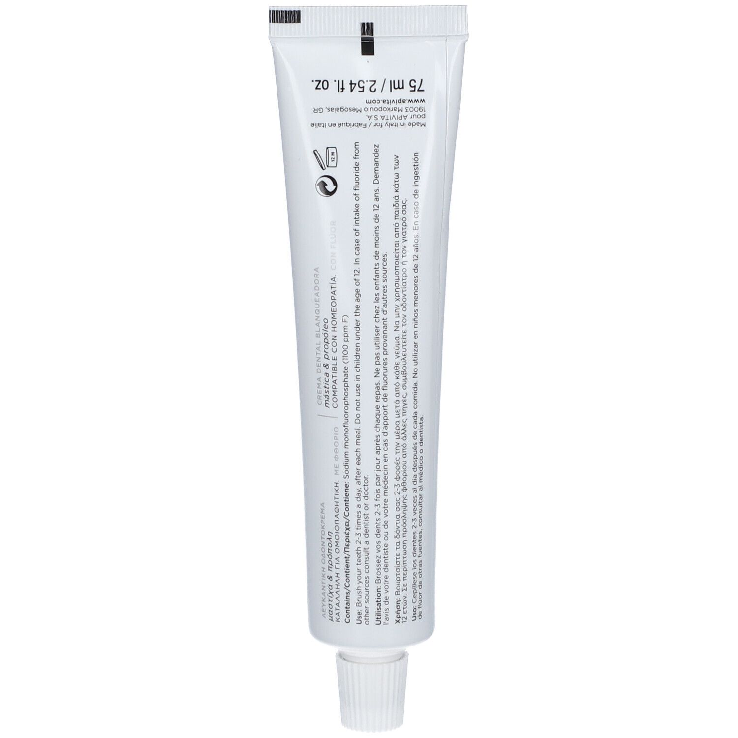 Tubo bianco con scritte nere, 75 ml. Contiene fluoruro ed è compatibile con l'omeopatia.