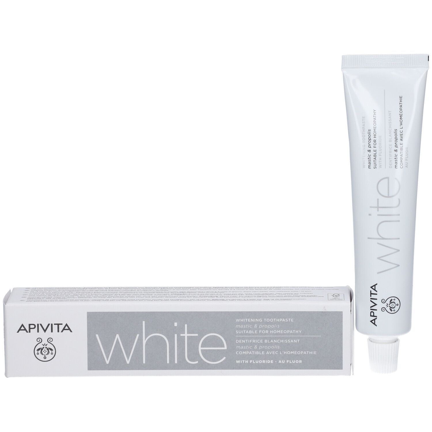 Dentifricio APIVITA White in tubo e scatola bianchi. Whitening Toothpaste.