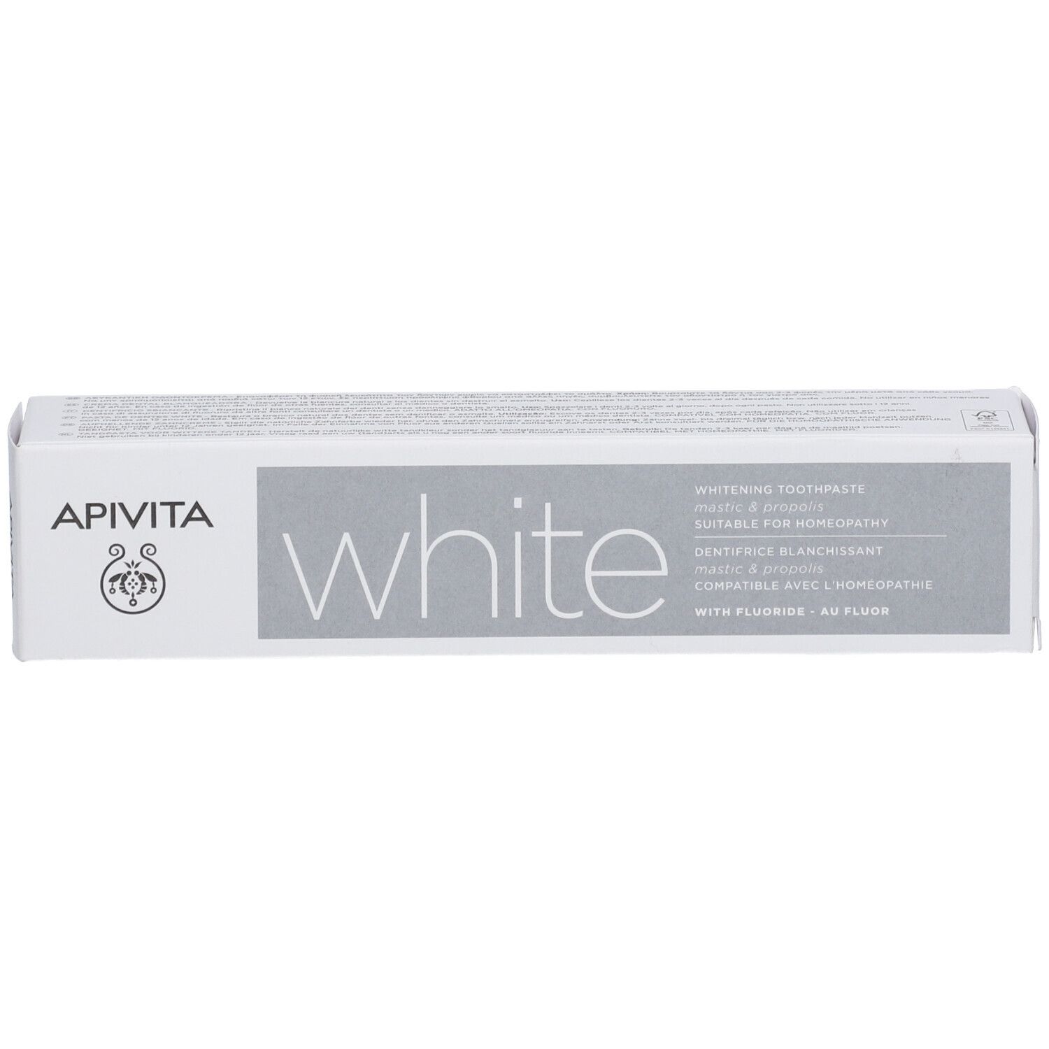 Scatola dentifricio sbiancante APIVITA White. Adatto per omeopatia. Con fluoro.