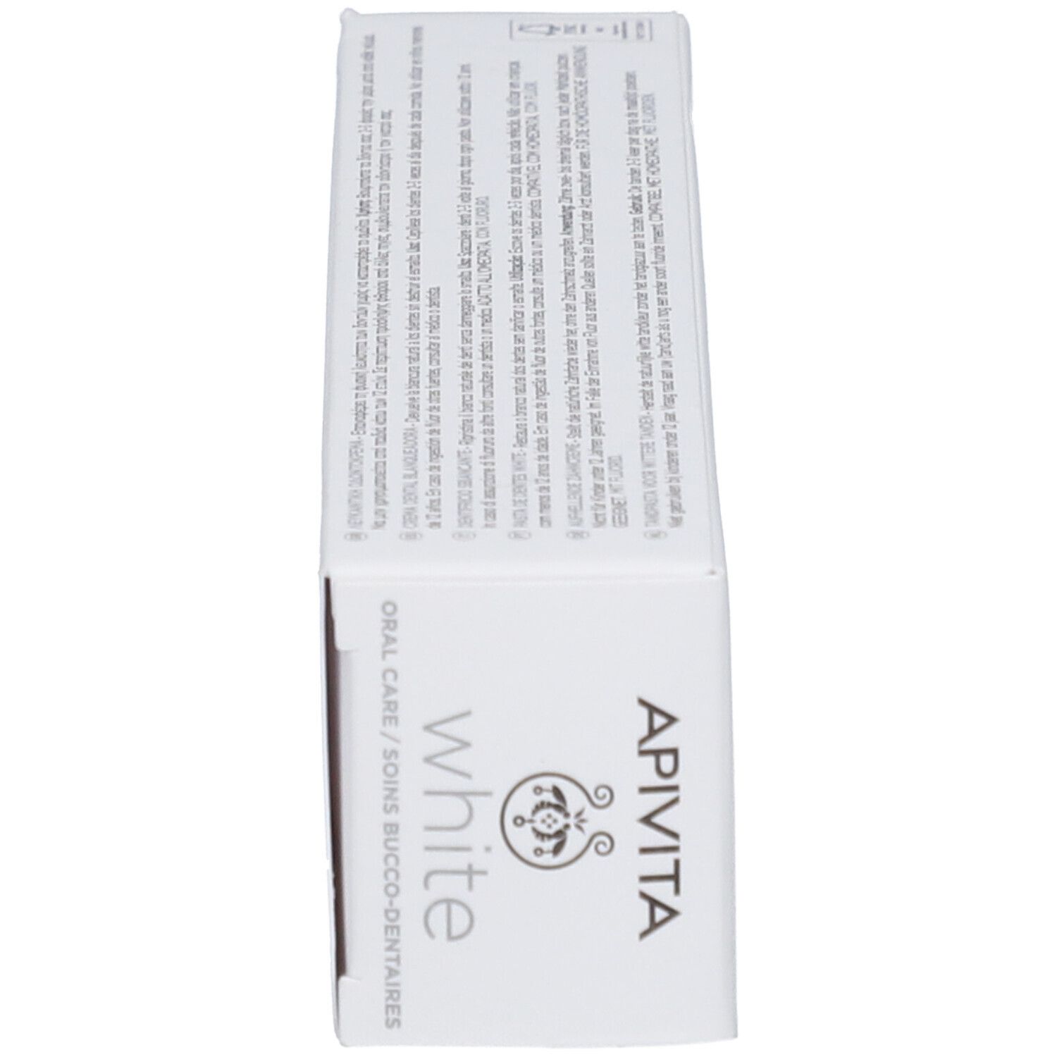 Confezione dentifricio APIVITA White con scritte e logo.