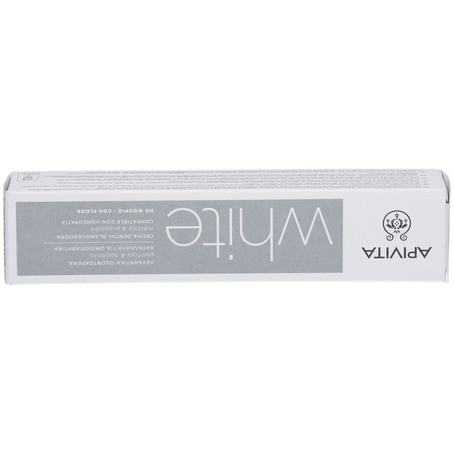 Confezione dentifricio API VITA, bianca con scritta 'white'.