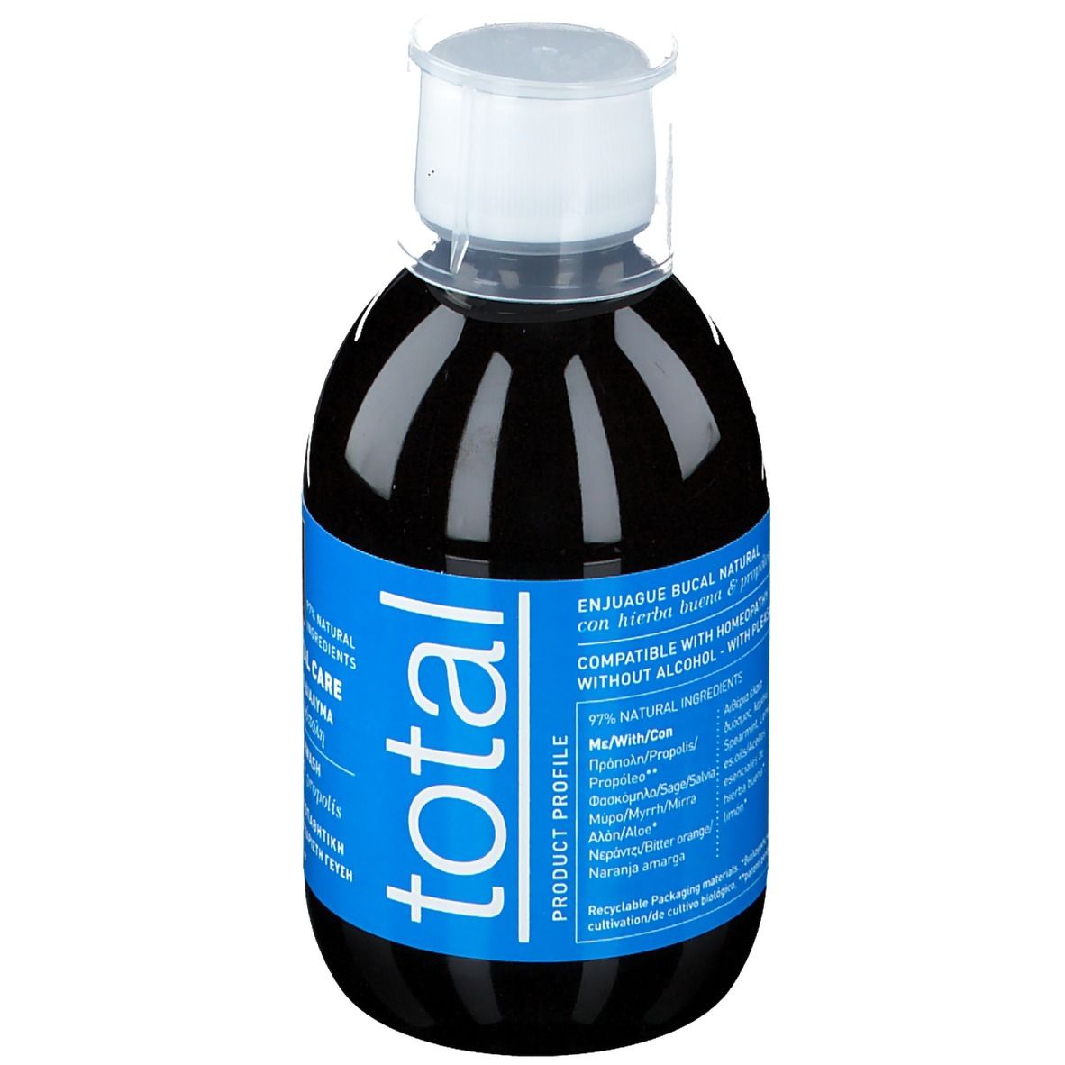Liquido scuro in bottiglia con etichetta blu. Scritta: Collutorio alle erbe, senza alcool, compatibile omeopatia.