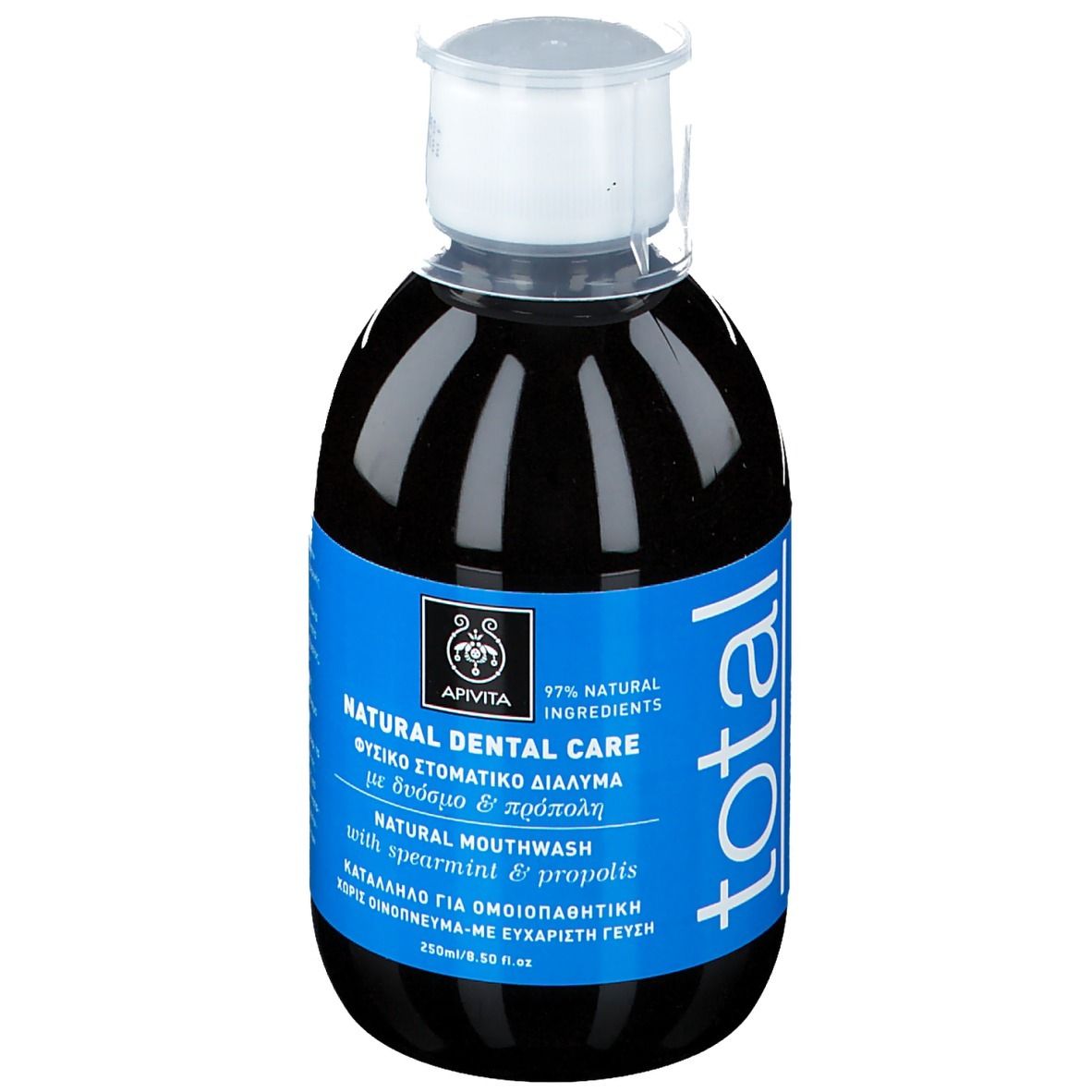 Liquido scuro in bottiglia con etichetta blu. Scritta: Natural Dental Care, collutorio con menta e propoli, 97% ingredienti naturali.