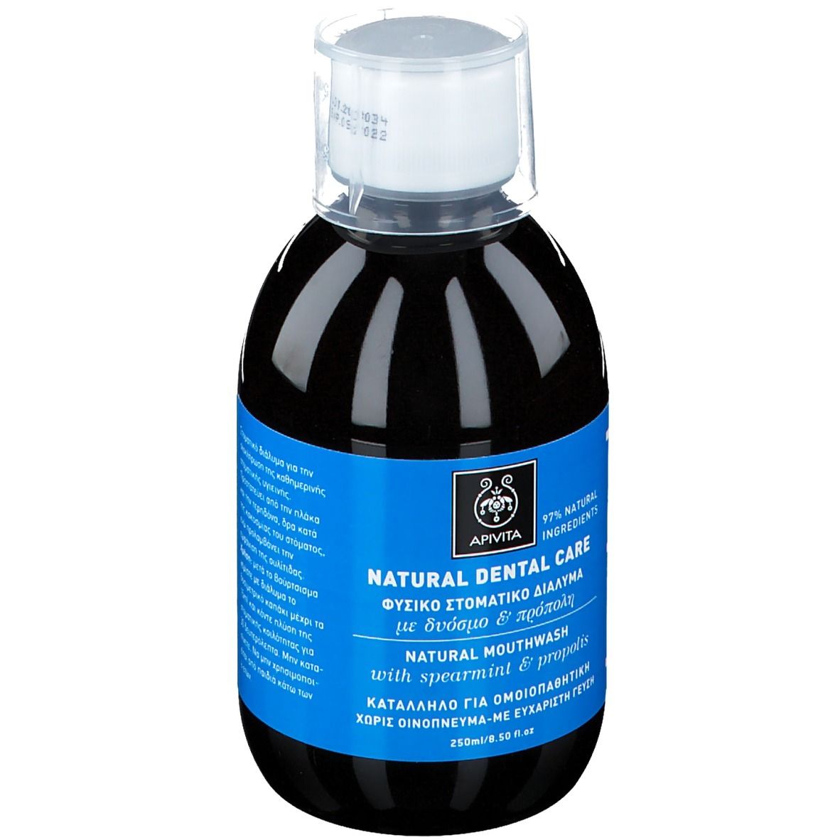 Liquido scuro in bottiglia con etichetta blu. Scritta: Natural Dental Care, collutorio con menta e propoli, 97% ingredienti naturali.