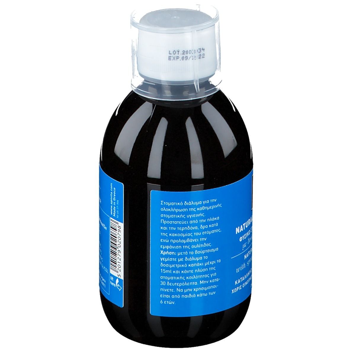 Vista posteriore di una bottiglia di liquido scuro con etichetta blu. Scritta: Istruzioni per l'uso, collutorio, non per bambini sotto i 6 anni.