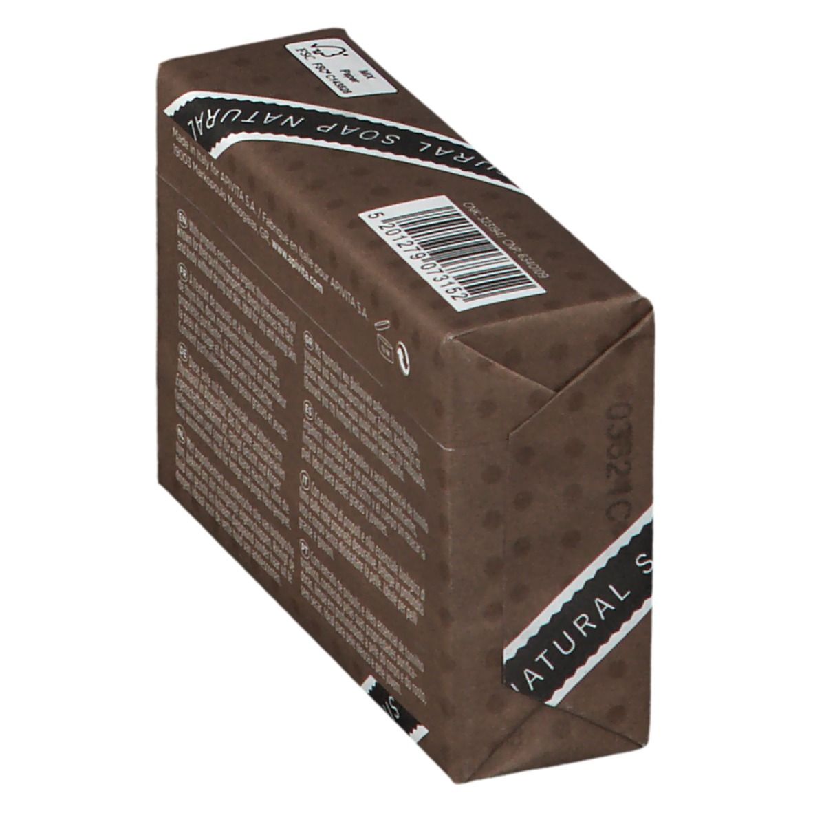 Confezione marrone di sapone con scritta 'NATURAL SOAP'.