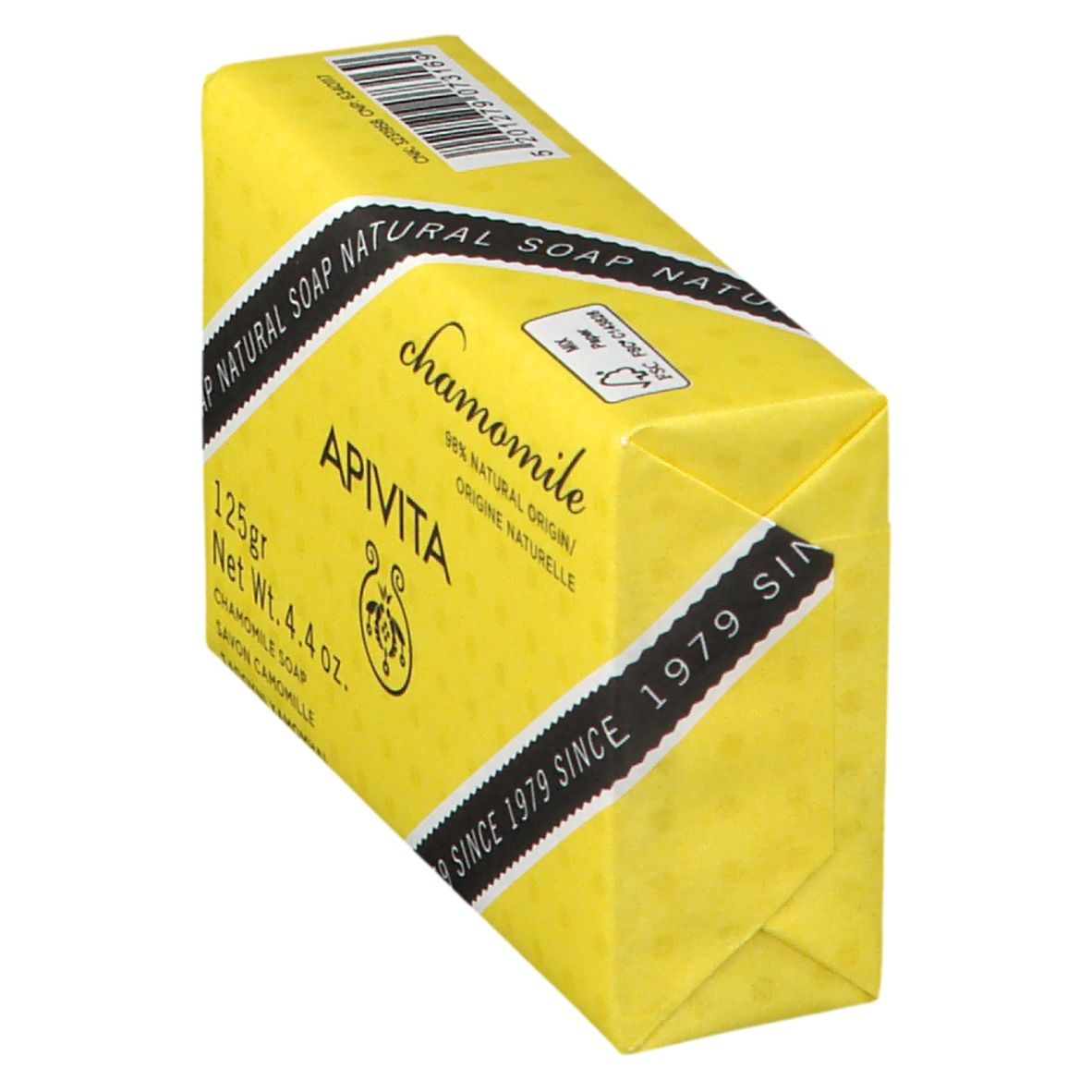 Sapone API VITA alla camomilla, 125g, origine 98% naturale, confezione gialla.