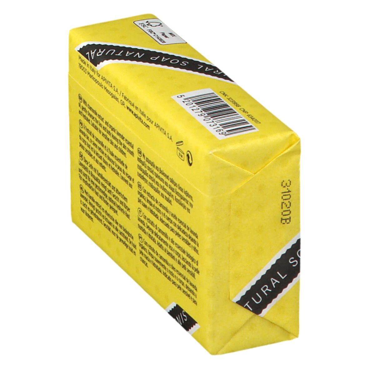 Sapone naturale in confezione gialla con stampa.