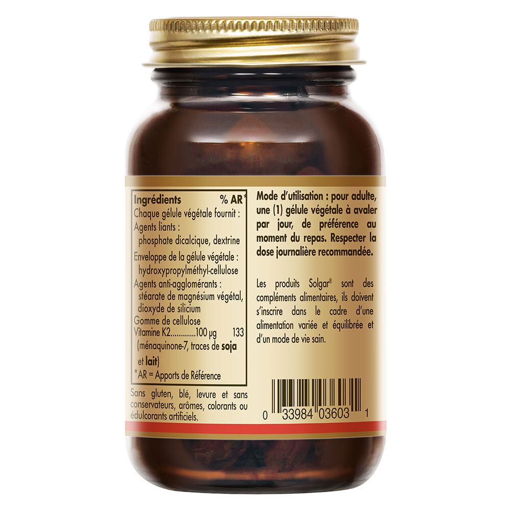 Retro del flacone. Testo: ingredienti, istruzioni per l'uso, codice a barre. Marchio Solgar.