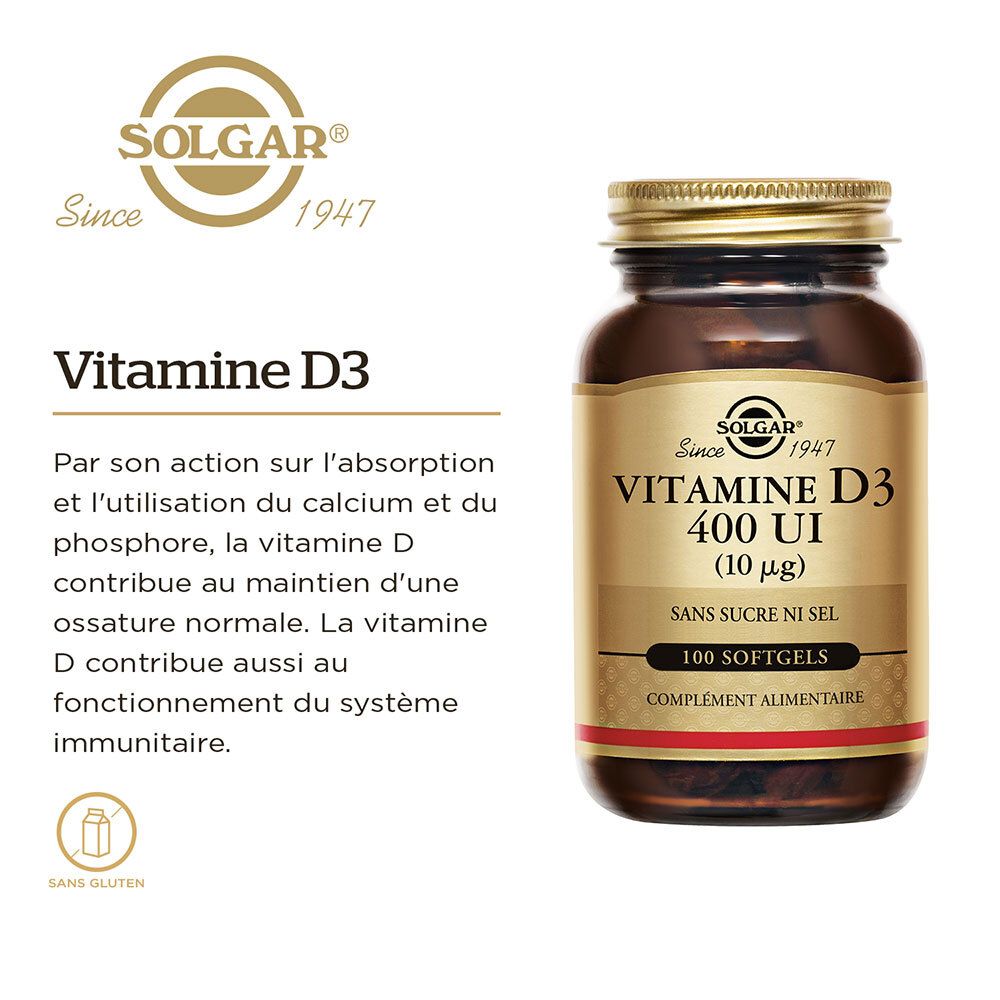 Flacone con etichetta. Testo: "Vitamina D3 400 UI". Logo e testo sui benefici della vitamina D.