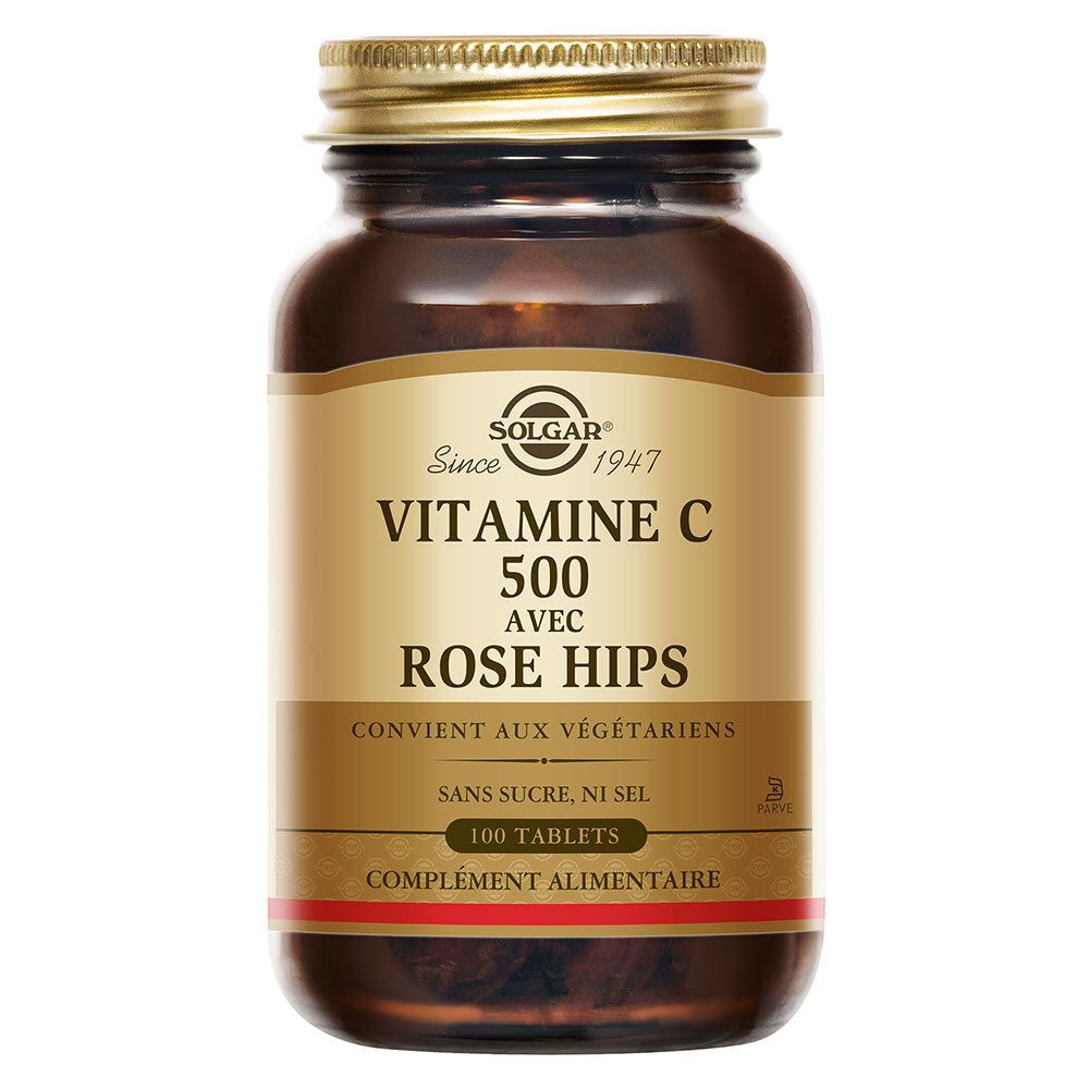 Flacone di vetro marrone con tappo dorato. Etichetta con nome del prodotto e marchio: Solgar Vitamina C 500 con rosa canina. 100 compresse.