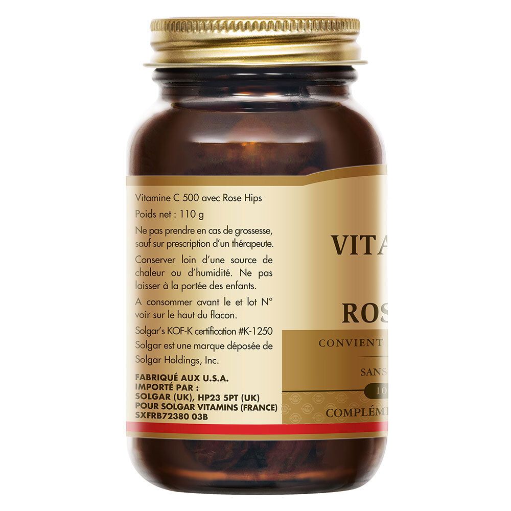 Retro del flacone di vetro marrone. Etichetta con informazioni sul prodotto, ingredienti, dettagli del produttore e certificazioni.