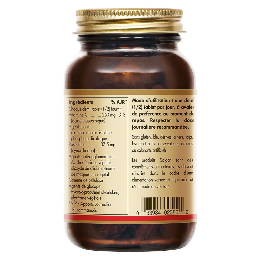 Retro del flacone di vetro marrone. Etichetta con ingredienti, modalità d'uso e informazioni nutrizionali. Codice a barre in basso.