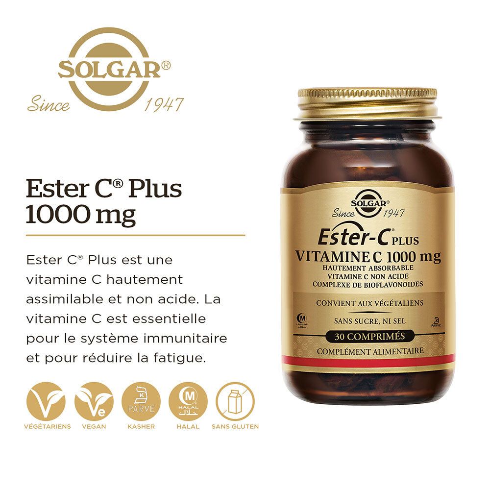 Flacone del prodotto con etichetta. Contiene nome e dettagli del prodotto: Ester-C Plus 1000 mg. Con loghi.