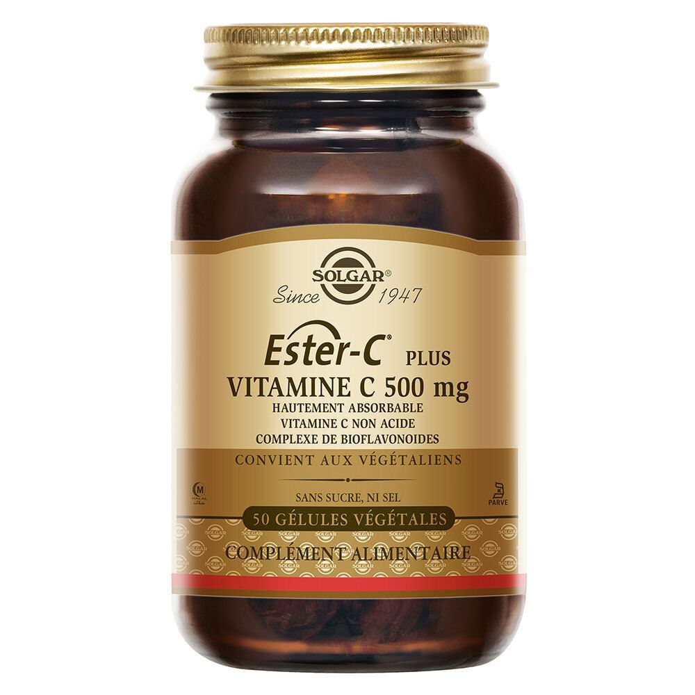 Flacone di vetro marrone con tappo dorato. Etichetta con Ester-C Plus Vitamina C 500 mg.
