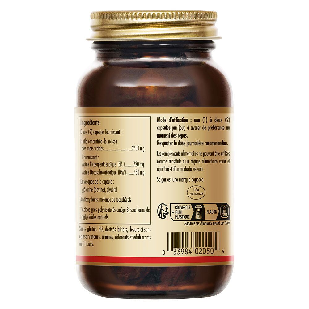 Retro del flacone con testo. Contiene ingredienti, dosaggio e avvertenze. Con simbolo di riciclo.