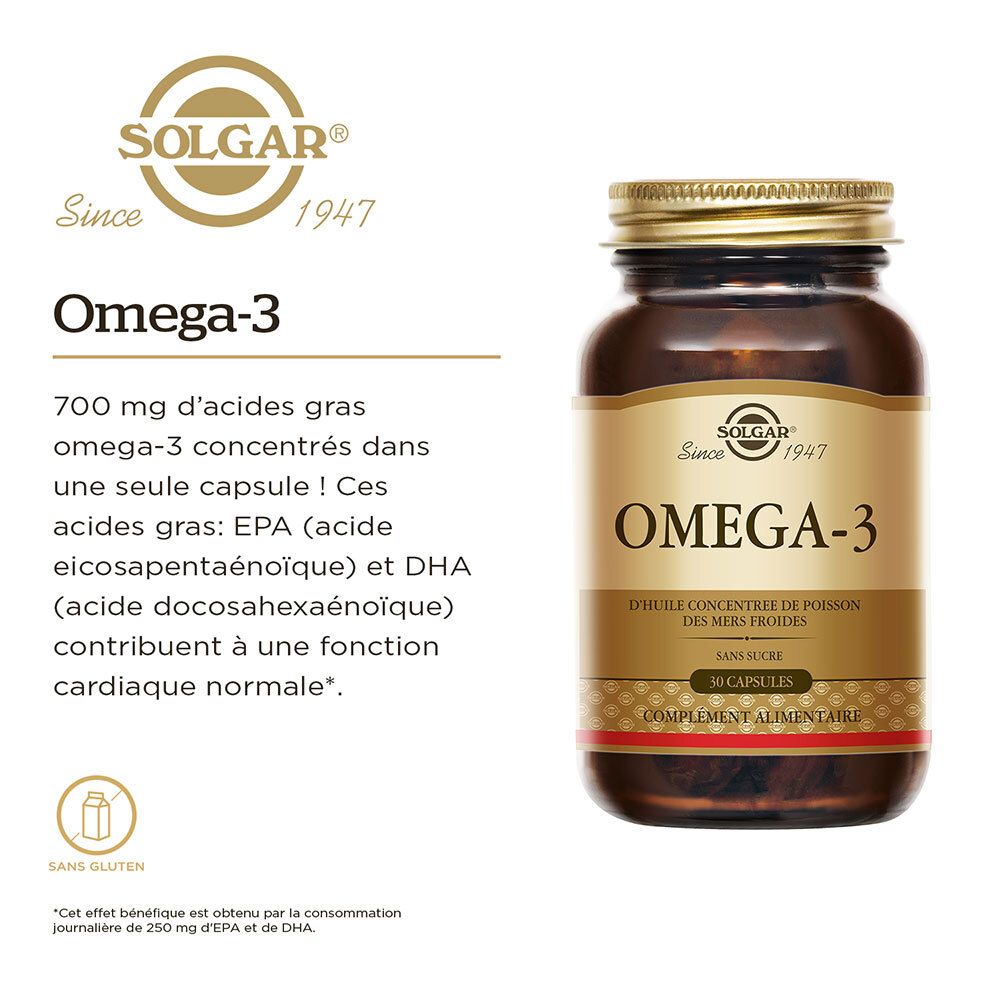 Flacone con SOLGAR Omega-3. Testo: 700 mg acidi grassi omega-3. Senza glutine. Sfondo bianco.