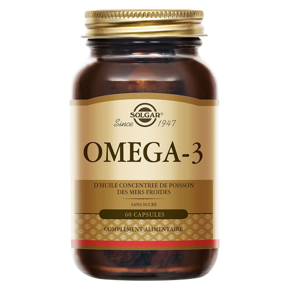 Flacone di vetro marrone con tappo dorato. Etichetta con scritta Omega-3 e marchio Solgar. 60 capsule.