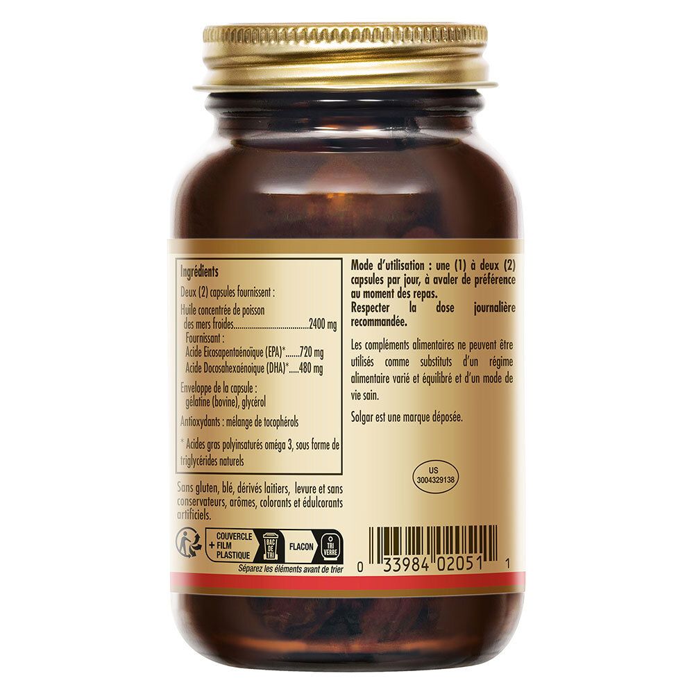 Retro del flacone con ingredienti e dosaggio. Testo in francese. Marchio Solgar.