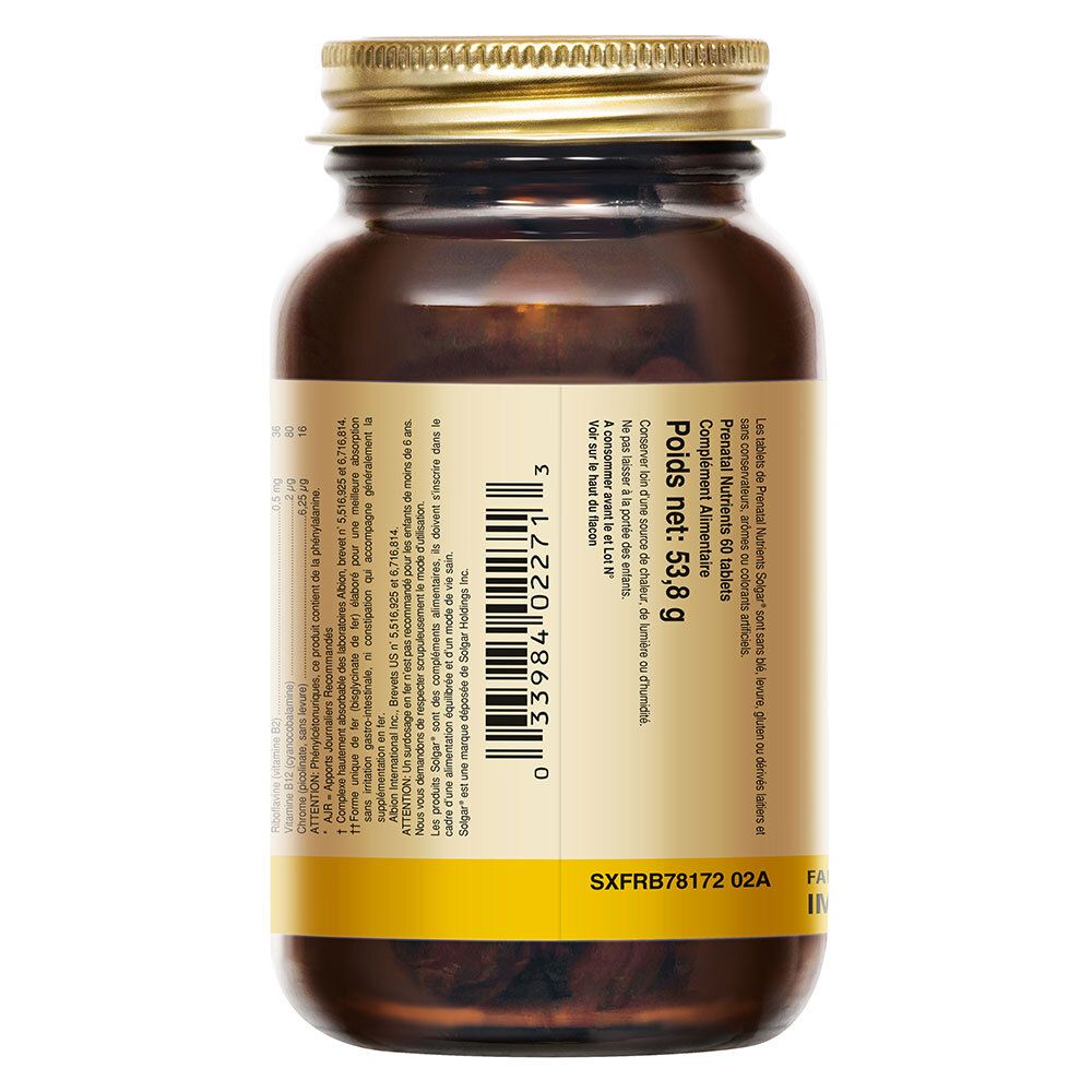 Retro di un flacone di vetro marrone con tappo dorato. Etichetta con informazioni. Scritta: Solgar Prenatal Nutrients.