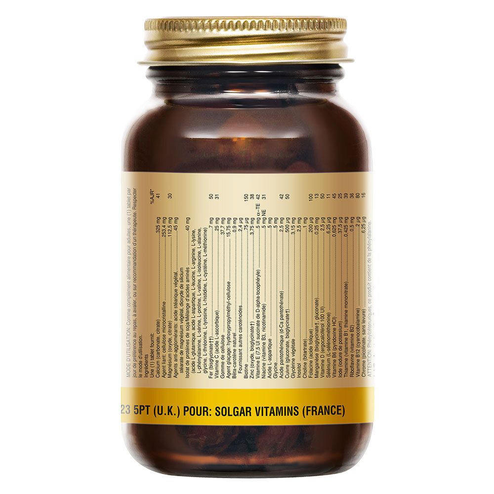 Retro di un flacone di vetro marrone con tappo dorato. Etichetta con ingredienti. Scritta: Solgar Prenatal Nutrients.