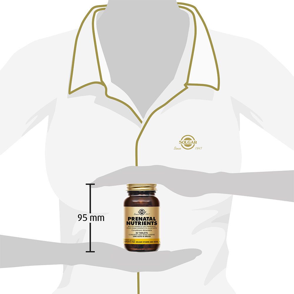 Flacone di vetro marrone con tappo dorato. Scritta: Solgar Prenatal Nutrients. 95 mm di altezza. Tenuto da mani.