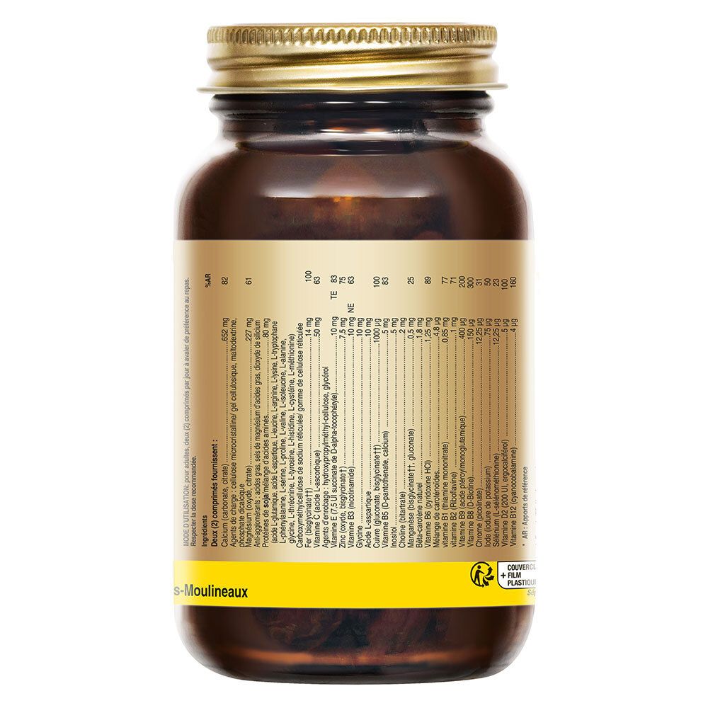 Retro di una bottiglia di vetro marrone. Etichetta con informazioni nutrizionali e ingredienti.