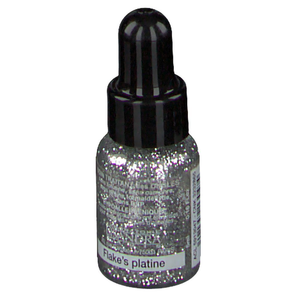 Flacone di smalto per unghie glitterato argento, tappo nero. Scritta: Lisandra, Flake's platine.