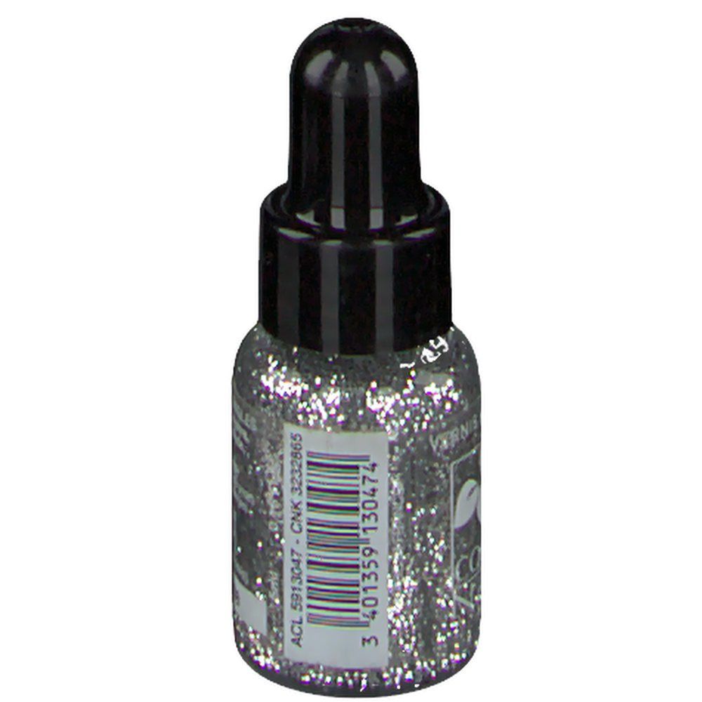 Flacone di smalto per unghie glitterato argento, tappo nero. Con codice a barre e scritta.