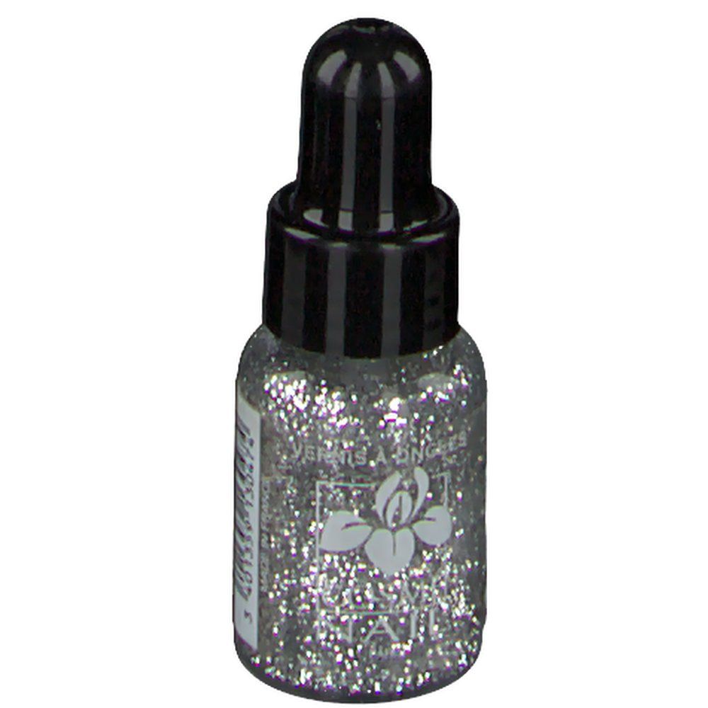 Flacone di smalto per unghie glitterato argento, tappo nero. Scritta: Vernis à Ongles, Lisandra Cosmé.