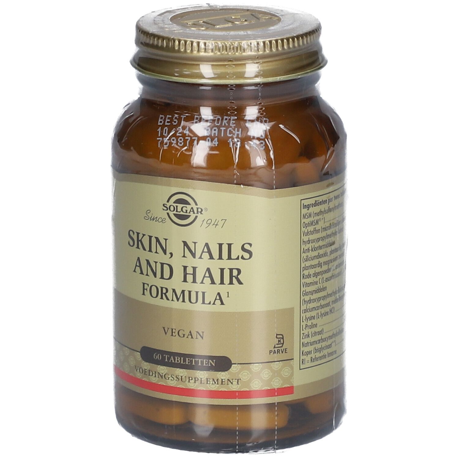 Flacone di vetro marrone con tappo dorato. Scritta: SKIN, NAILS AND HAIR FORMULA. 60 compresse. Vegano.