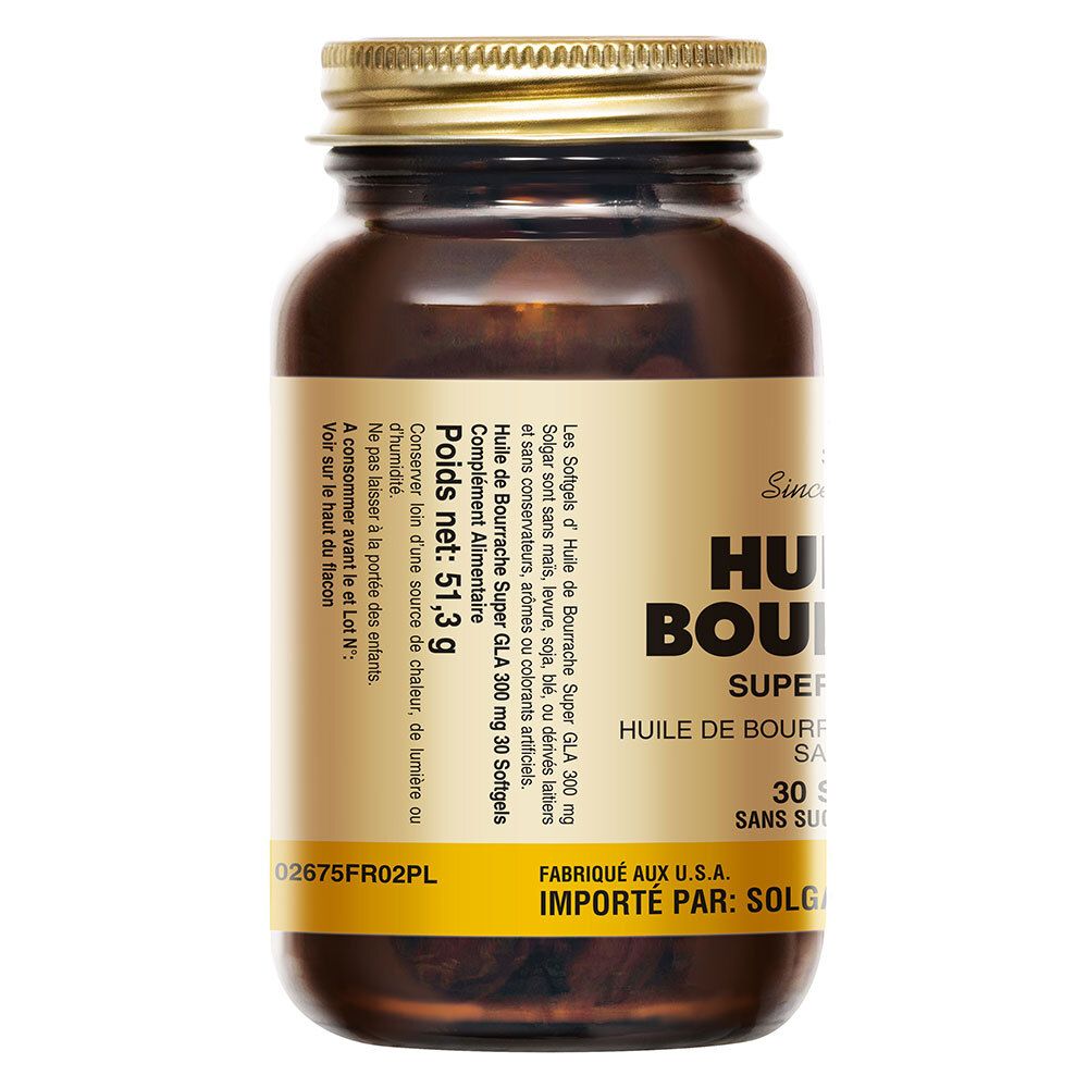Retro del flacone. Etichetta con informazioni sul prodotto. Testo: Huile de Bourrache Super GLA 300 mg, 30 softgels. Peso netto: 51,3 g.
