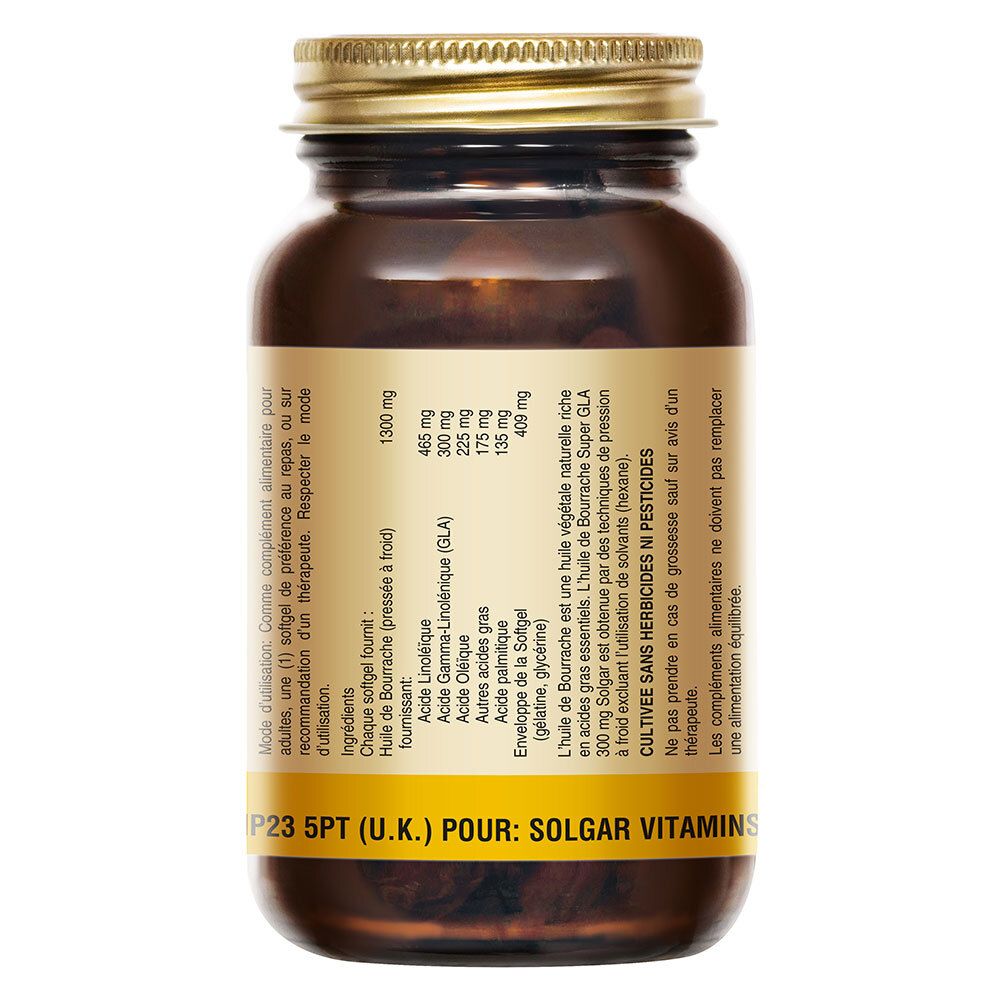Retro del flacone. Etichetta con ingredienti e informazioni nutrizionali. Testo: Huile de Bourrache Super GLA 300 mg.
