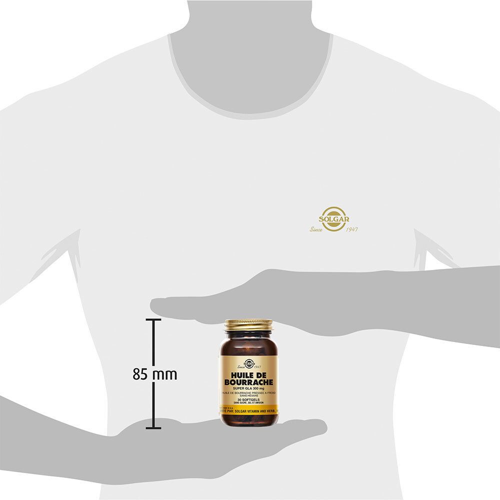 Uomo che tiene in mano un flacone. Flacone: Solgar Huile de Bourrache, alto 85 mm.