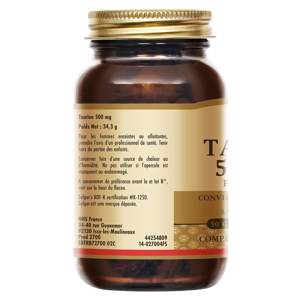 Retro del flacone. Etichetta con informazioni sulla taurina, peso, ingredienti e indirizzo del produttore.