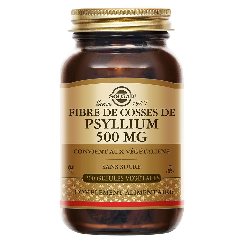 Flacone di vetro marrone con tappo dorato. Etichetta SOLGAR, Fibre di bucce di psillio 500 mg, 200 capsule.