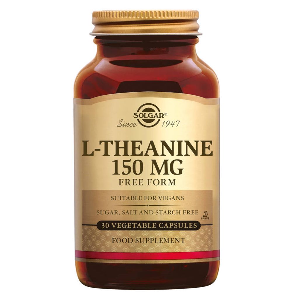 Flacone di vetro marrone con tappo dorato. Scritta: L-Teanina 150 mg, Free Form, adatto ai vegani. 30 capsule.