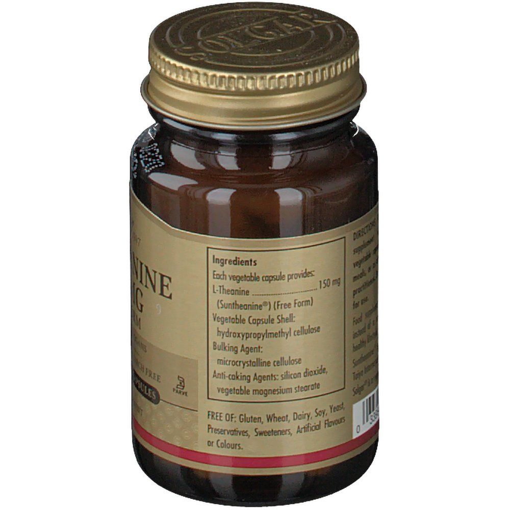 Retro del flacone. Elenco ingredienti: L-Teanina, involucro della capsula, agenti di carica. Senza glutine, frumento, latte, soia, lievito, conservanti.