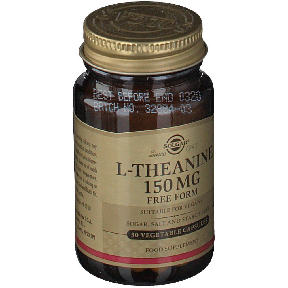 Flacone di vetro marrone con tappo dorato. Scritta: L-Teanina 150 mg, Free Form, adatto ai vegani. 30 capsule. Da consumarsi preferibilmente entro 0320.