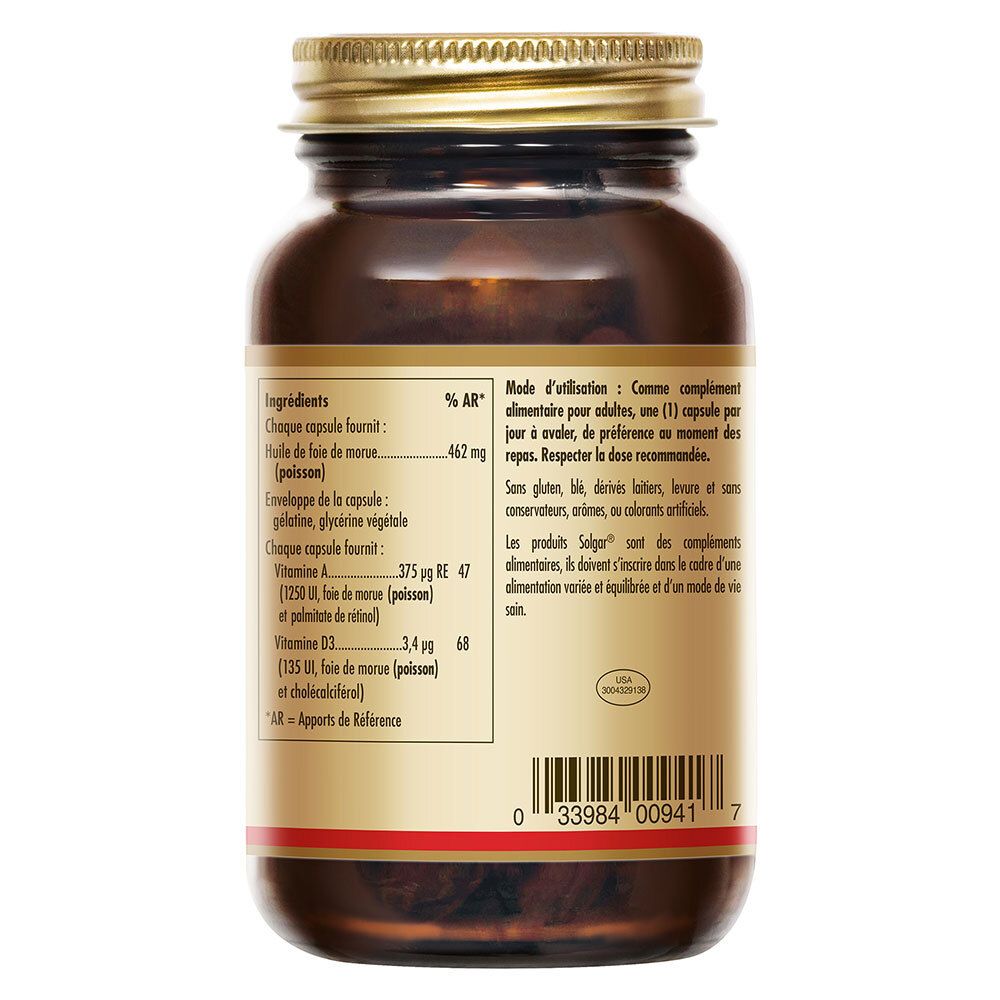 Retro di una bottiglia di vetro marrone. Etichetta con ingredienti e informazioni nutrizionali. Testo in francese.