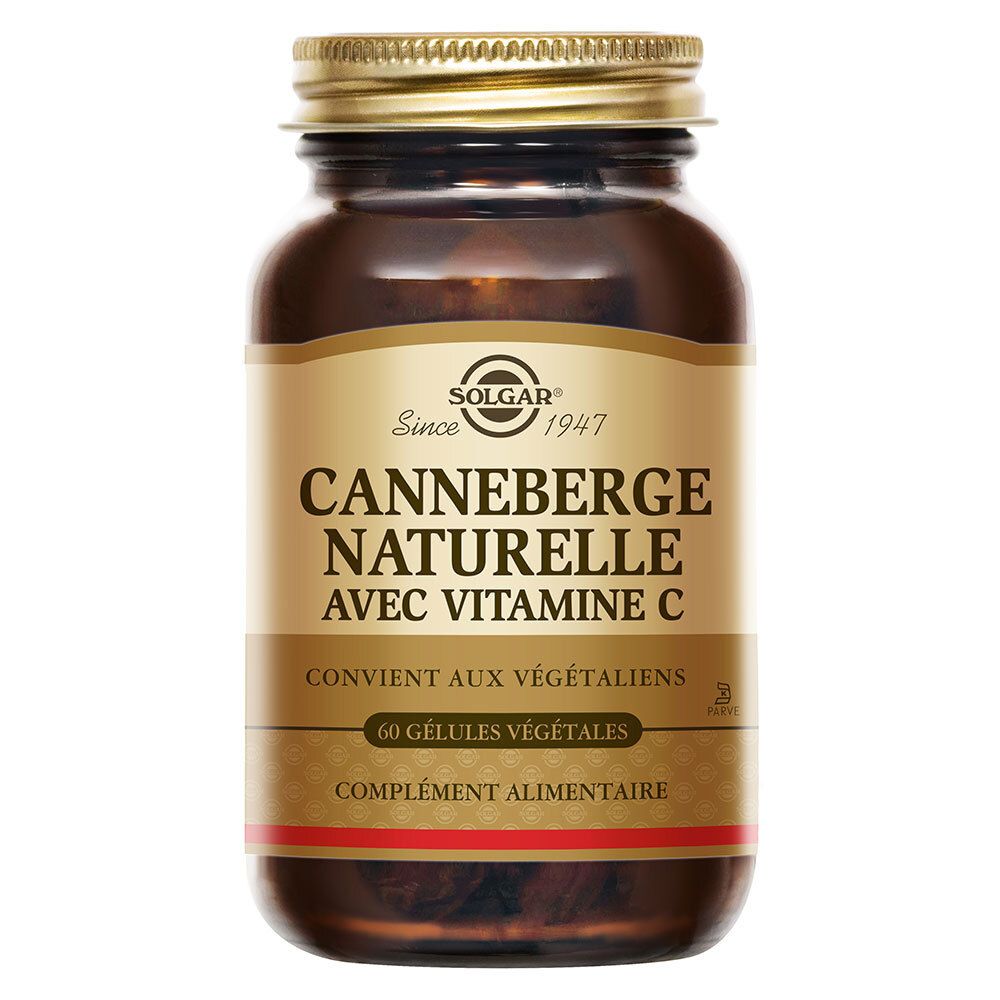 Flacone di vetro marrone con tappo dorato. Scritta: Canneberge Naturelle avec Vitamine C. 60 capsule.