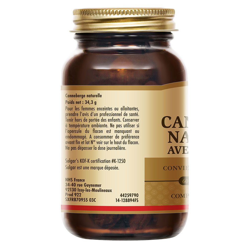 Retro del flacone. Testo: Canneberge naturelle. Peso netto: 34,3 g. Informazioni e avvertenze.