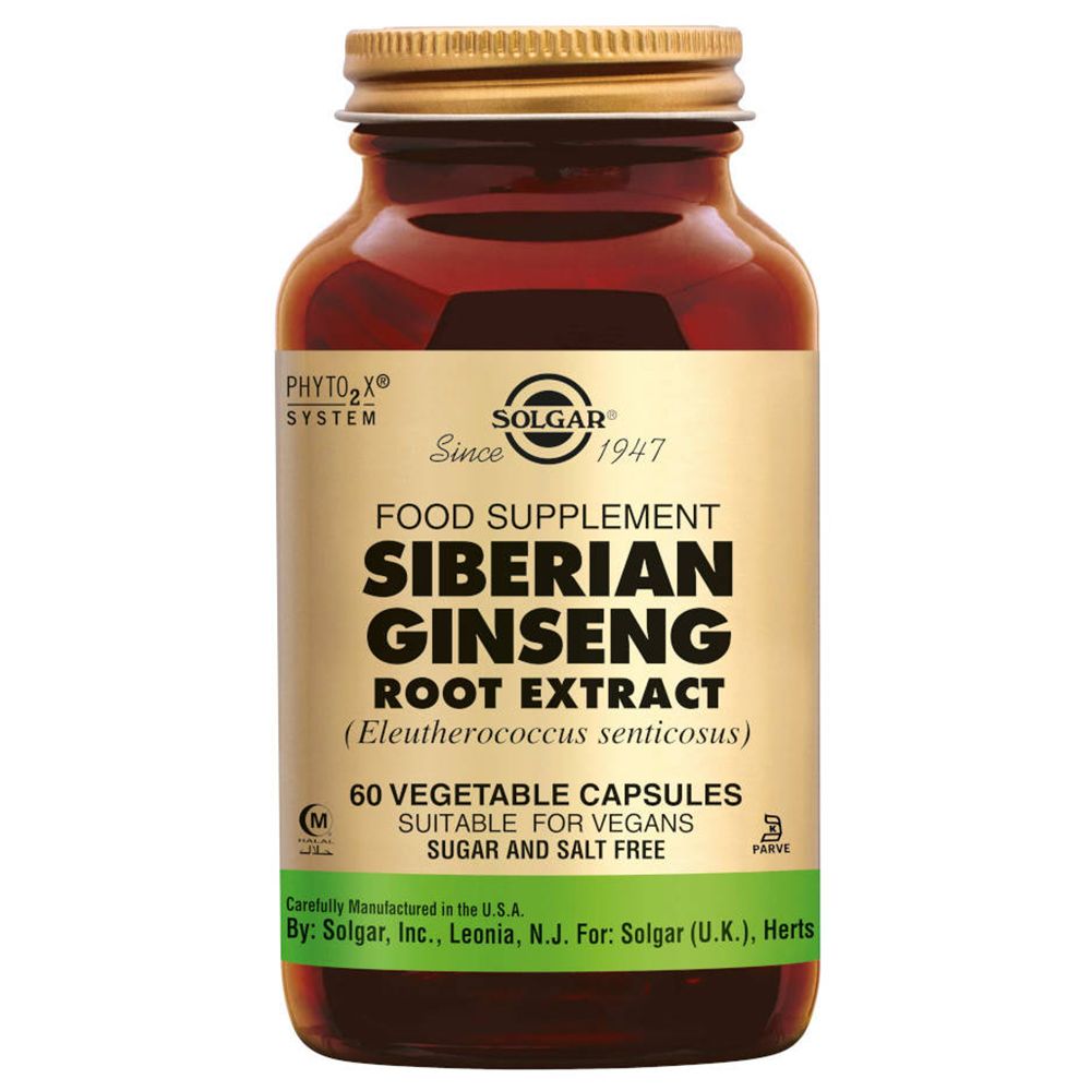 Flacone di vetro marrone con tappo dorato. L'etichetta riporta "SIBERIAN GINSENG ROOT EXTRACT" e "SOLGAR". Contiene 60 capsule vegetali.