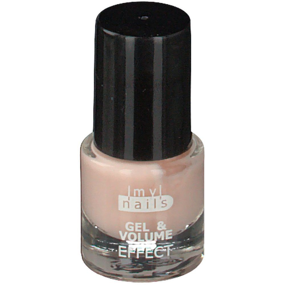 Flacone di smalto con tappo nero. Scritta: Imy nails, Gel & Volume Effect.