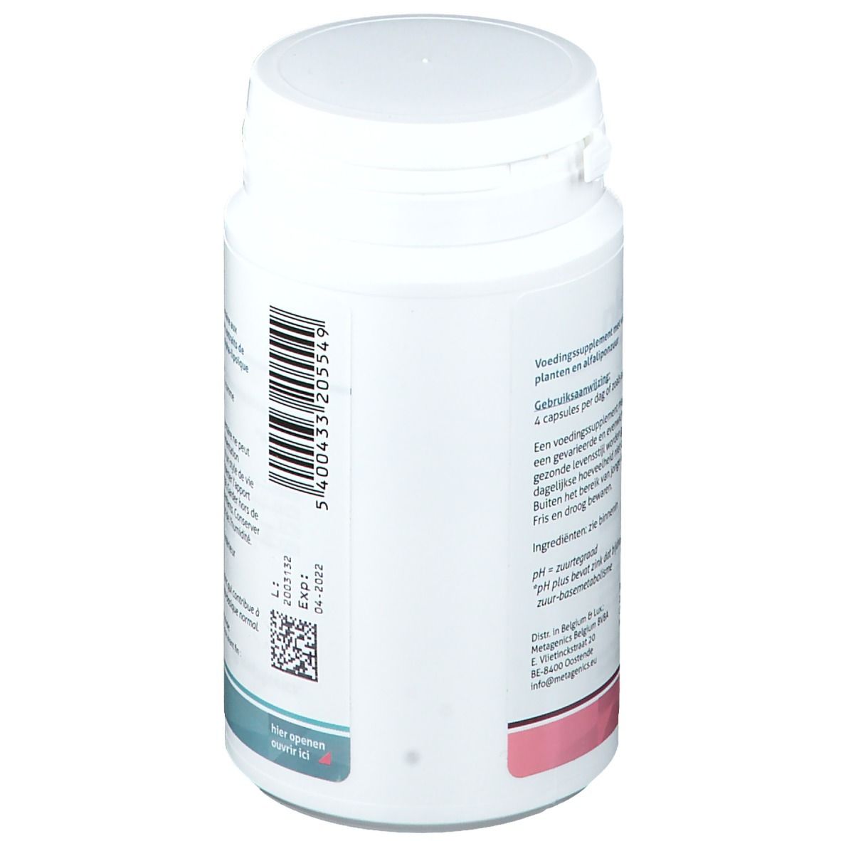 Donna con occhi chiusi, fiori sul petto. Testo: Science you can feel. Logo Metagenics.