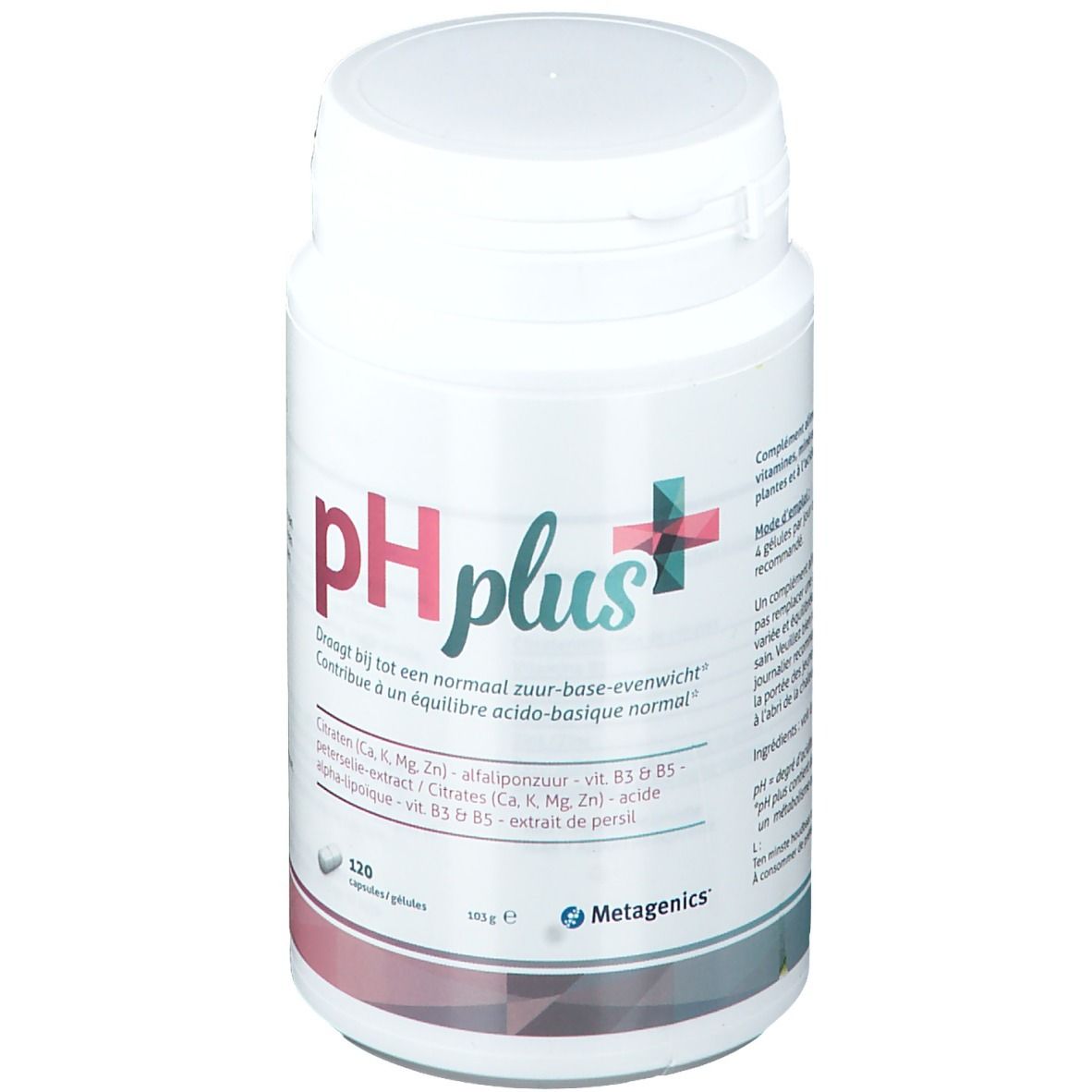 Flacone bianco pH plus+. Contiene 120 capsule. Logo Metagenics.